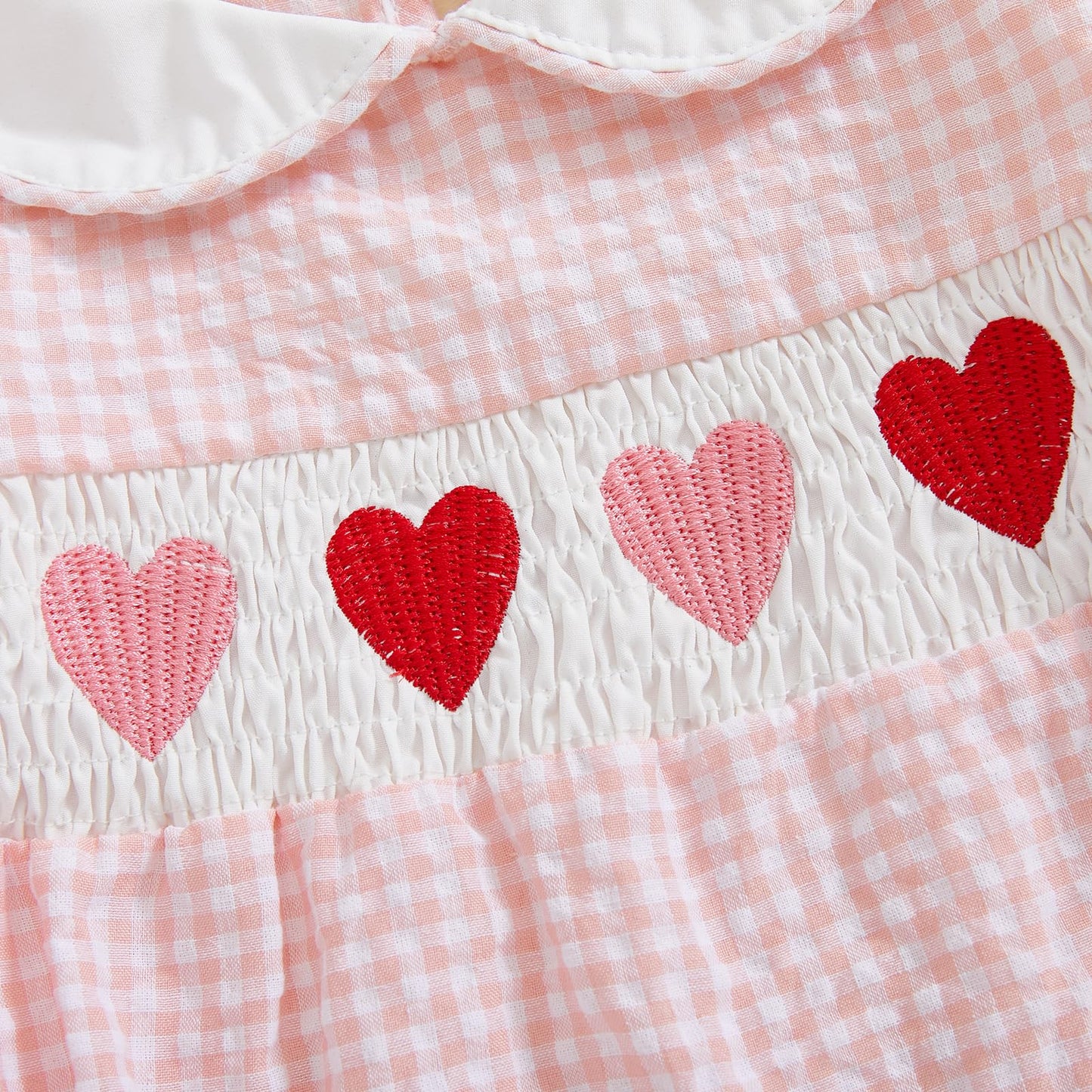 Newborn Baby Girls Valentines Day Clothes Long Sleeve Doll Collar Smocked Heart Embroidery Plaid Bubble Romper Outfit (Pink, 0-3
