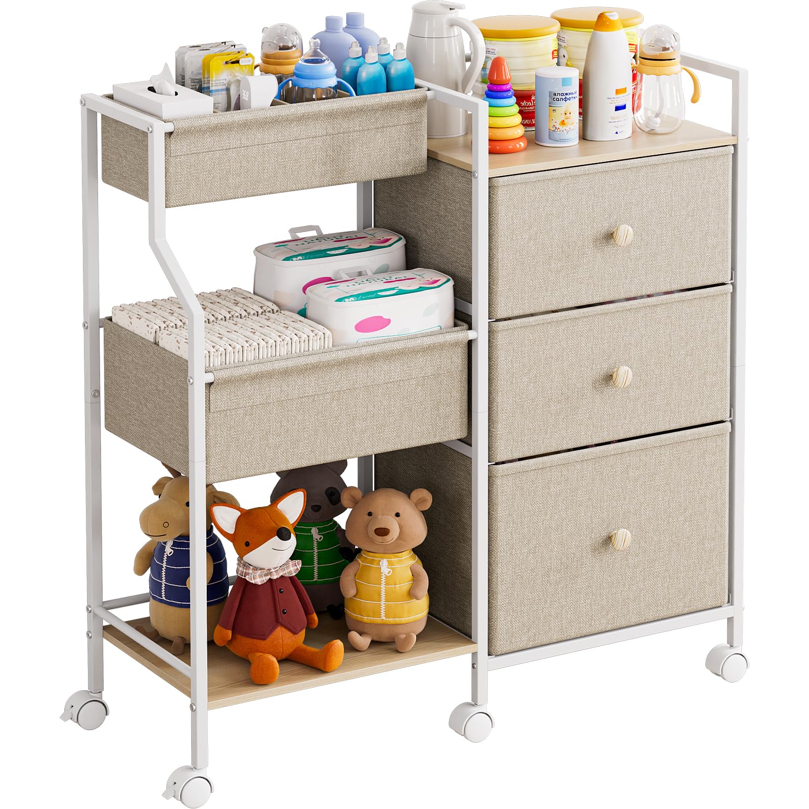 Modanais Baby Organizer and Storage - 3 Tier Rolling Cart with Dividers and Drawers, Easy To Assemble, Mobile Utility Cart with 