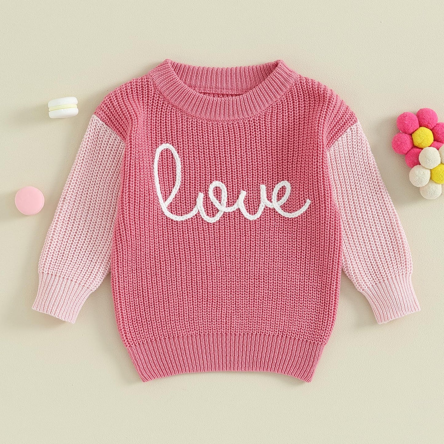 Baby Girl Cute Long Sleeve Crew Neck Love Embroidery Sweater Toddler Valentine Day Outfits (Pink Love, 18-24 Months)