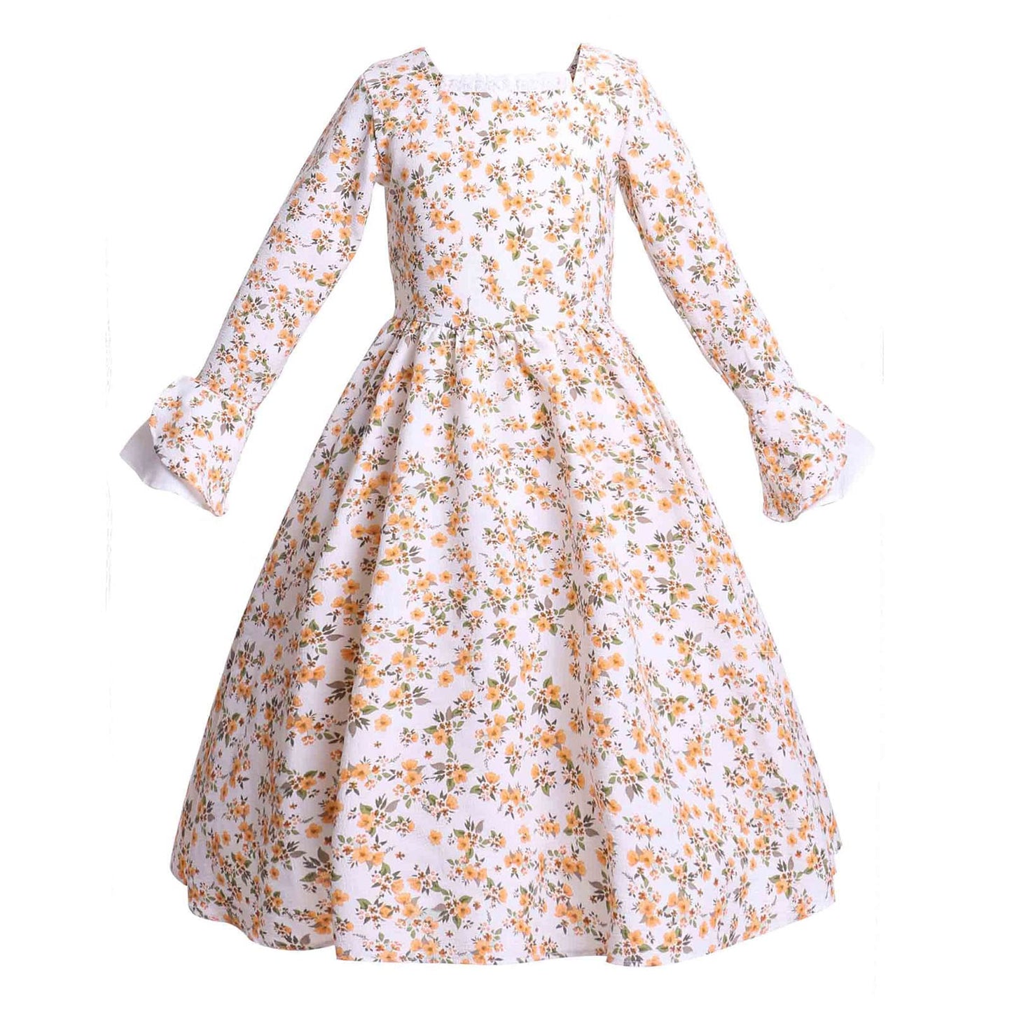 Vibsion Girls Prairie Pioneer Costume Pilgrim Dress Kids Floral Colonial Village Girl Costume Bonnet Apron Set Beige Xxl