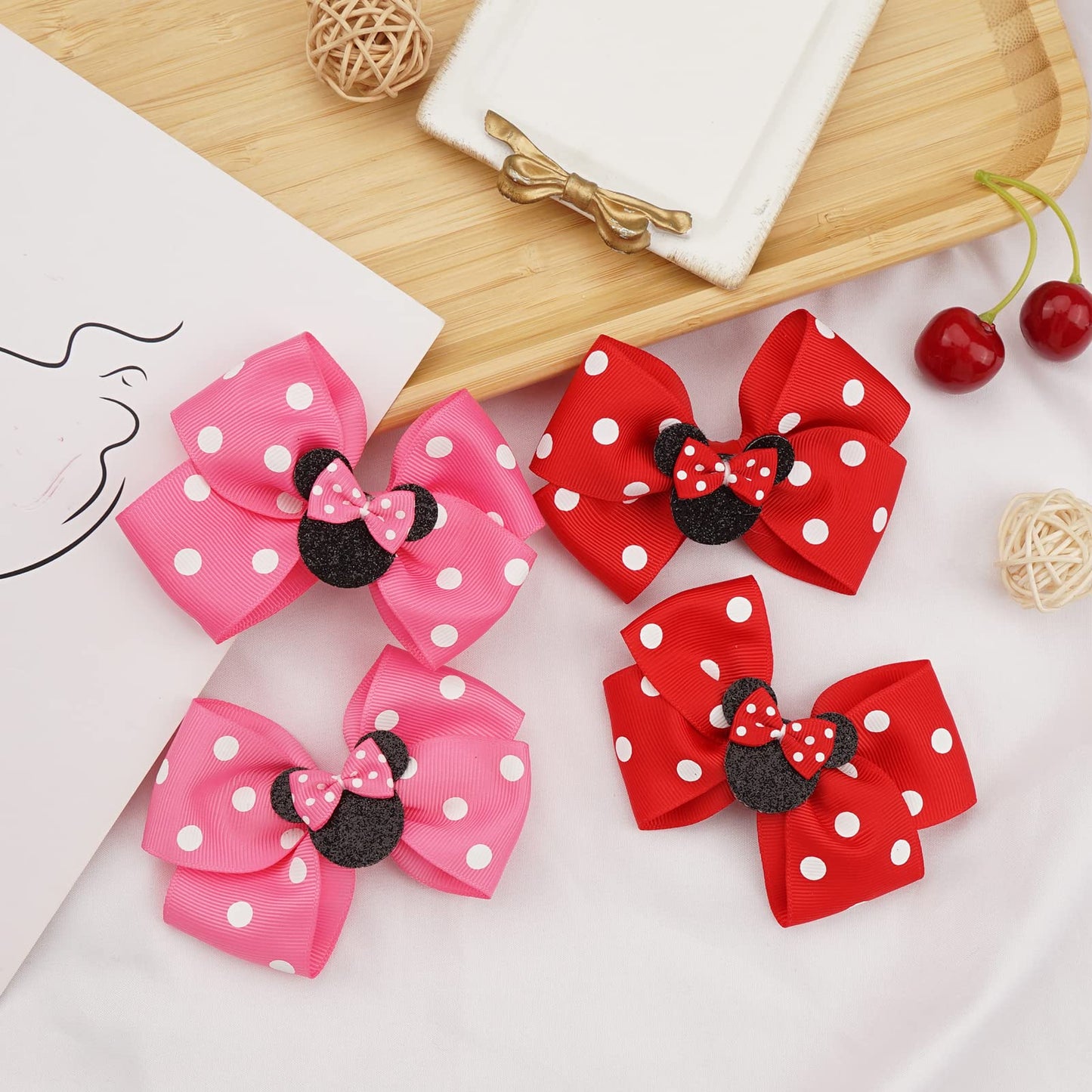 Ayesha Mouse Ears Hair Clips, 4Pcs Grosgrain Ribbon Mouse Bow Hair Clips, Polka Dot Bows For Girls, Hair Accessories For Baby Gi