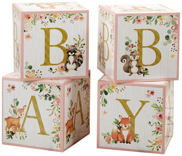 Kate Aspen Pink Woodland Baby Boxes With Letters For Baby Shower Decorations Photo Prop & Nursery D  Cor (Set Of 4 Spells Baby)