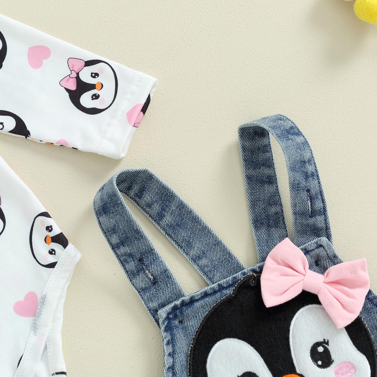 Valentines Day Baby Girl Outfit Newborn Girl Romper Long Sleeve Onesie And Bear Denim Overalls Fall Winter Clothes(A-White Pengu