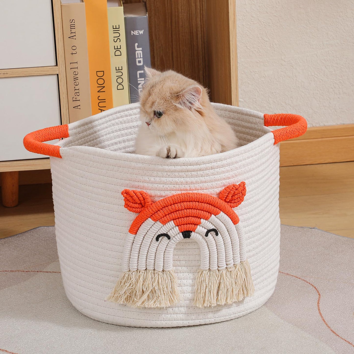 Toy Storage Baskets For Kids Cotton Rope Basket With 3D Fox Decor, Blanket Basket For Living Room Stuffed Animal Storage Basket