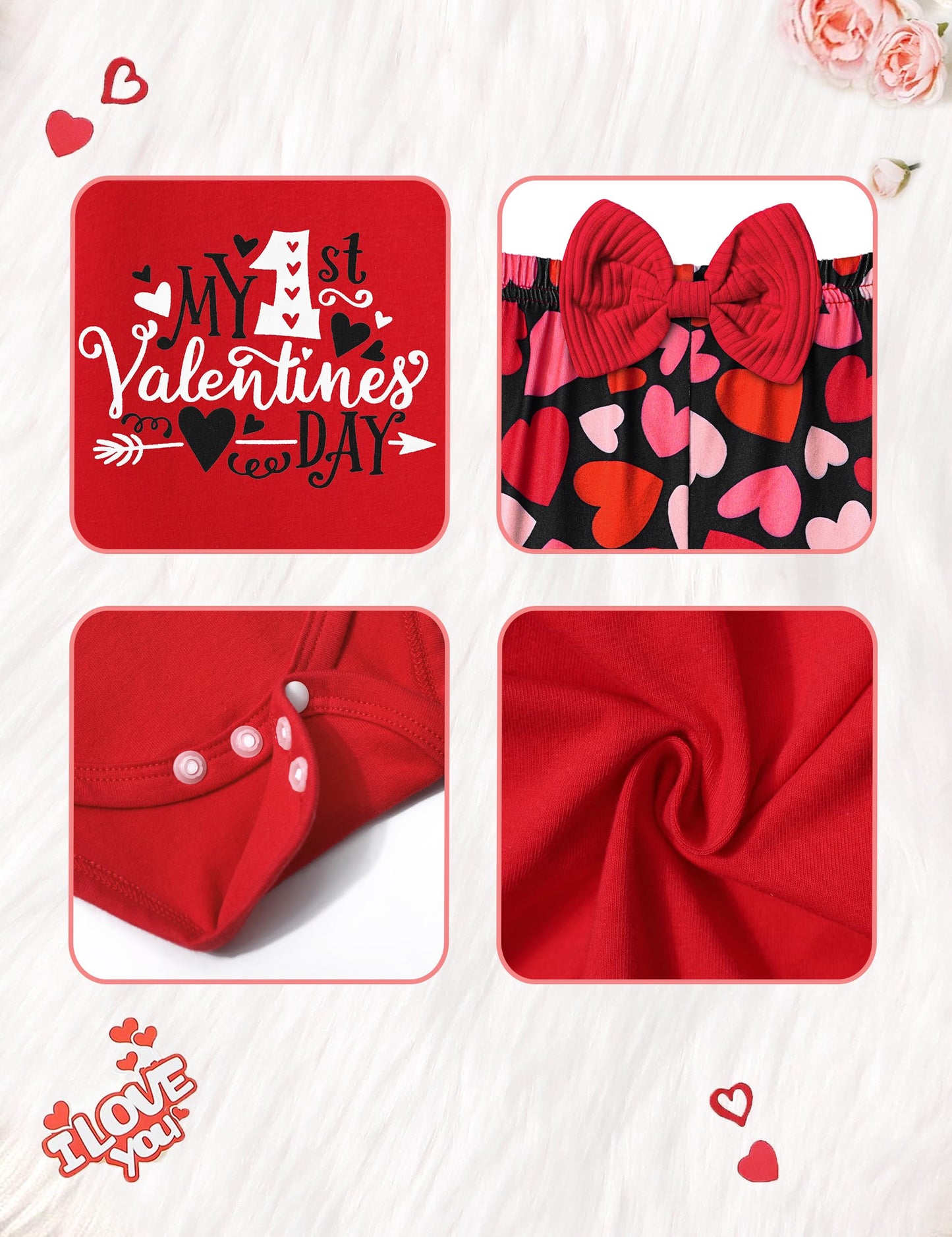 Adifun Baby Girl Valentines Day Outfit 0-3 Months My First Valentines Day Valentines Baby Girl Outfit Romper + Bell Pants 3Pcs S