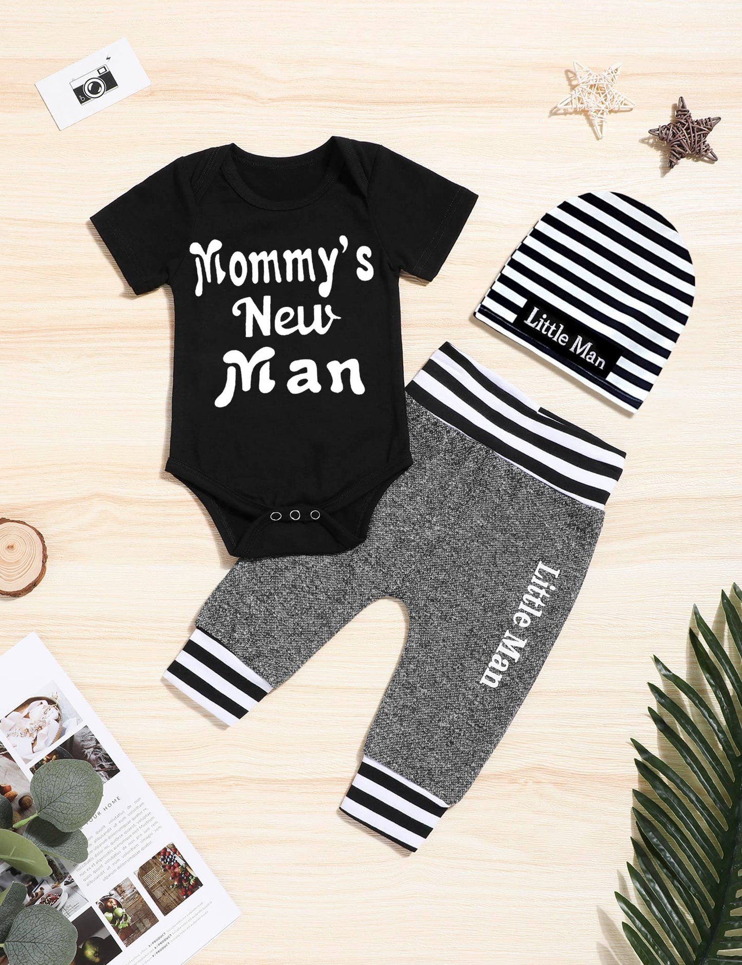 Newborn Baby Boy Clothes Mammy'S New Man Letter Print Short Sleeve Romper+Long Pants+Stripe Hat 3Pcs Outfits Set Newborn