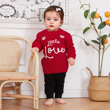 Toddler Girl Boys Valentine'S Day Knit Sweater Long Sleeve O Neck Letter Heart Embroidery Pullover Knitwear (Red, 6-12 Months)