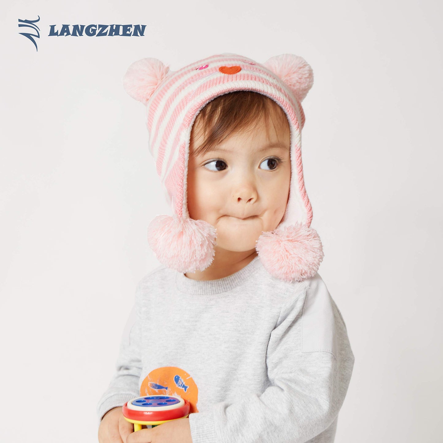 Langzhen Toddler Kids Infant Winter Hat,Earflap Knit Warm Cap Fleece Lined Beanie For Baby Boys Girls (Bear -Pink Stripe, 2-4 T)