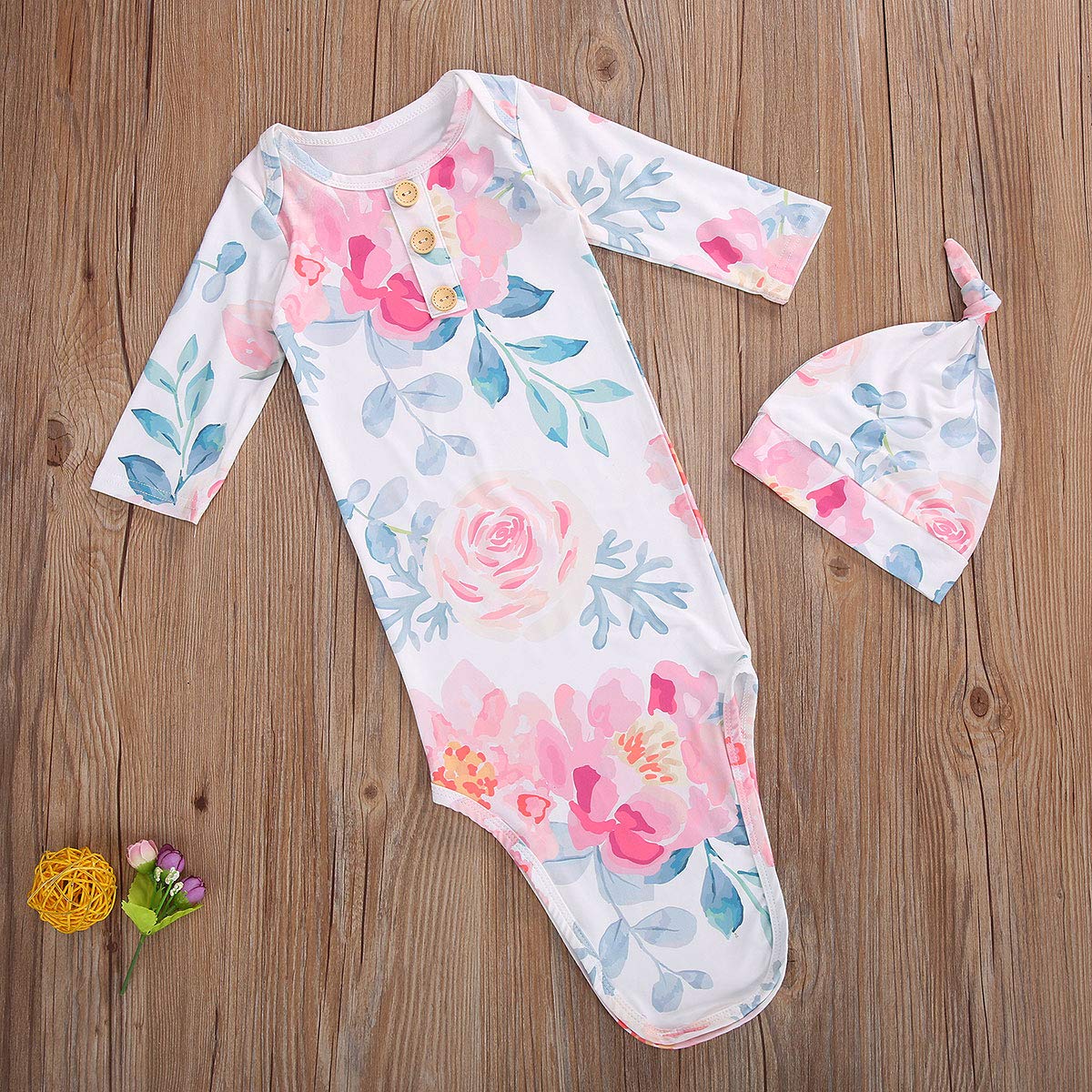 Infant Newborn Baby Girls Floral Sleep Gown Headband Sleepwear Romper Sleeping Bags Outfits (Floral&Pink, 0-3 Months)