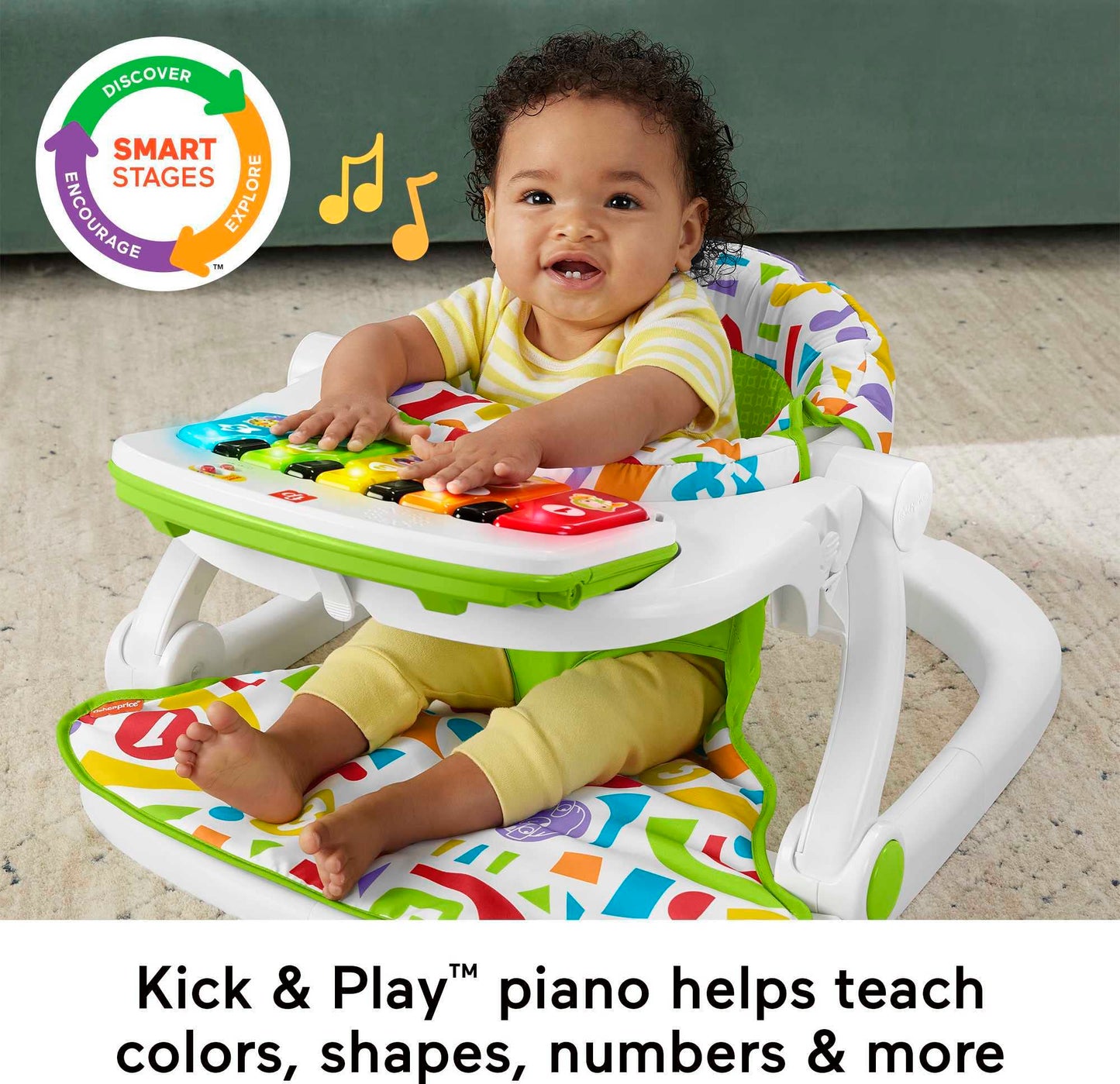 Fisher-Price Portable Baby Chair Kick & Play Deluxe Sit-Me-Up Seat with Piano Learning Toy and Snack Tray for Infants to Toddler