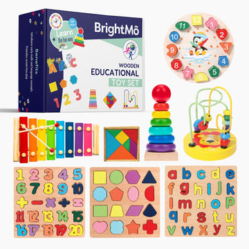 BrightMo Montessori Toys for Toddlers 3+ Years 8-in-1 Educational Wooden Toy Set with Alphabet, Numbers, Shapes, Puzzles, Xyloph