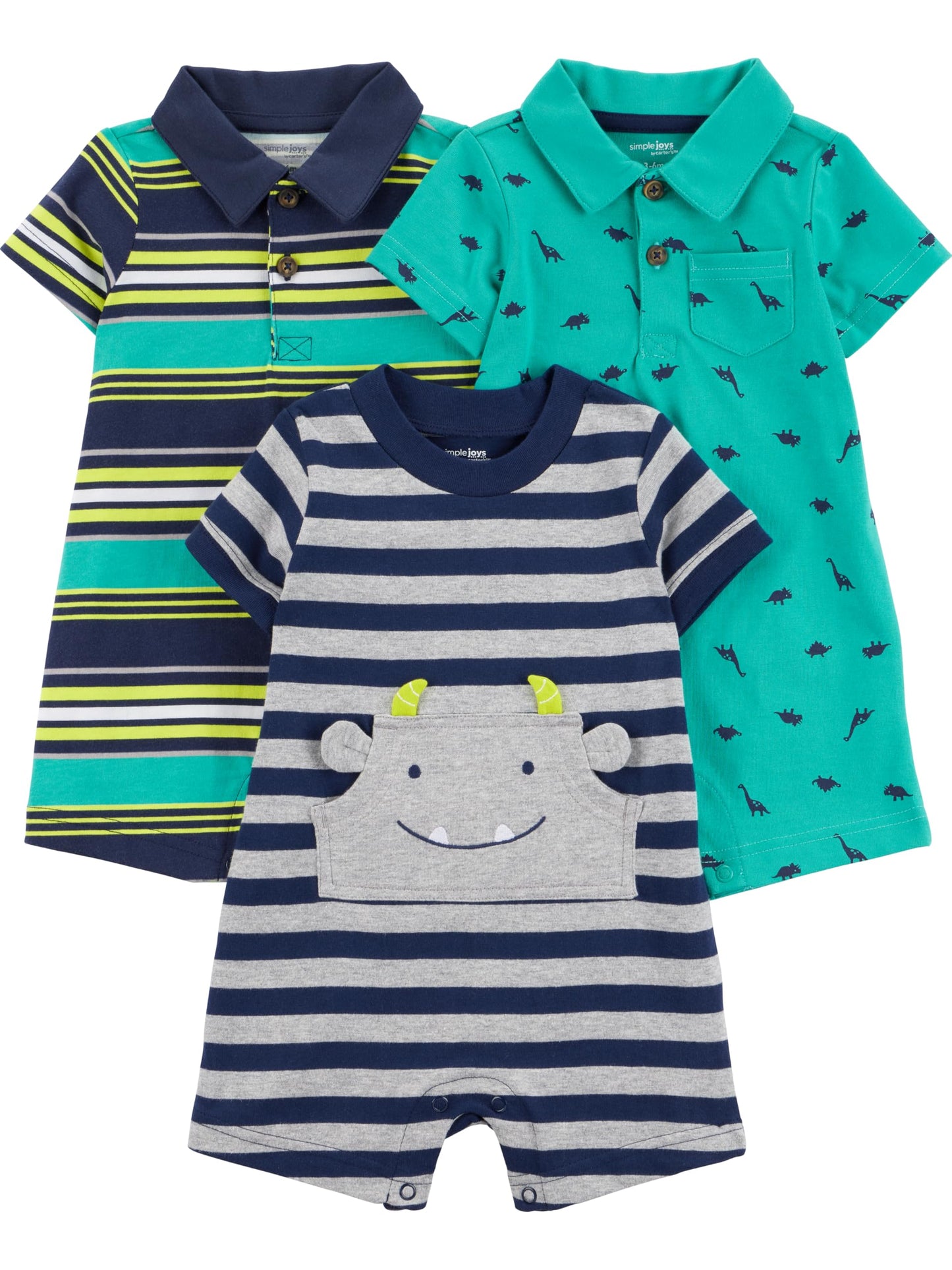 Simple Joys by Carters Baby 3-pack Rompers, Blue Stripe/Turquoise Dino/Grey Navy, 3-6 months