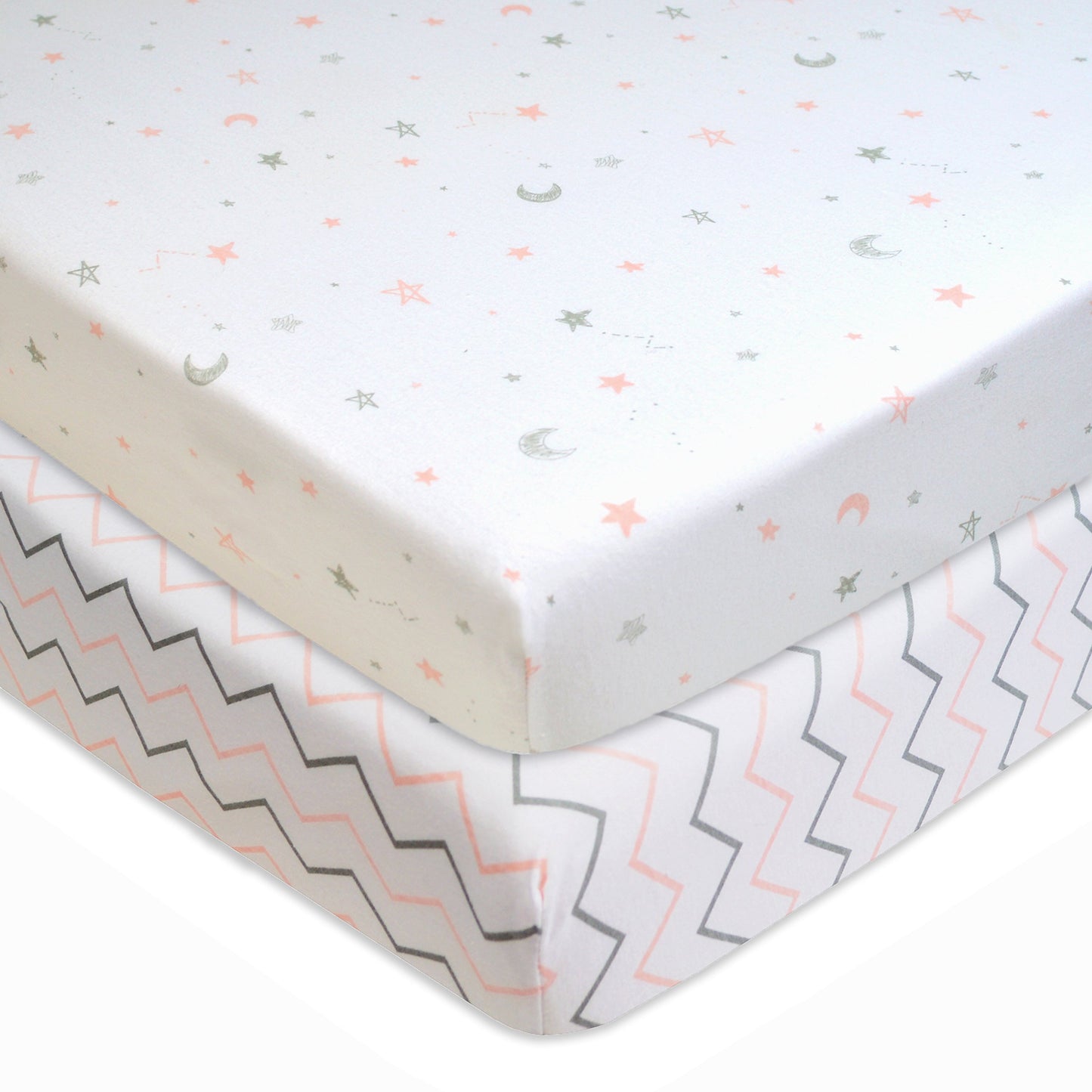 TL Care 2 Pack Printed 100% Natural Cotton Jersey Knit Fitted Pack N Play Playard Sheet, Pink Stars/Zigzag, Soft Breathable, for