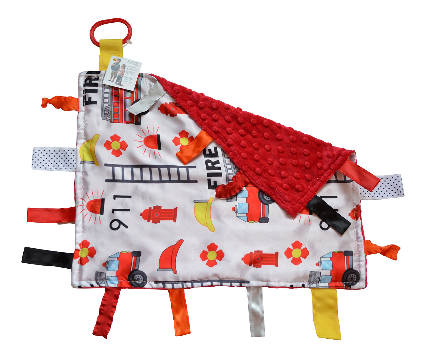 Baby Sensory, Security & Teething Closed Ribbon Tag Lovey Blanket with Minky Dot Fabric: 14   X18    (Firefighter)