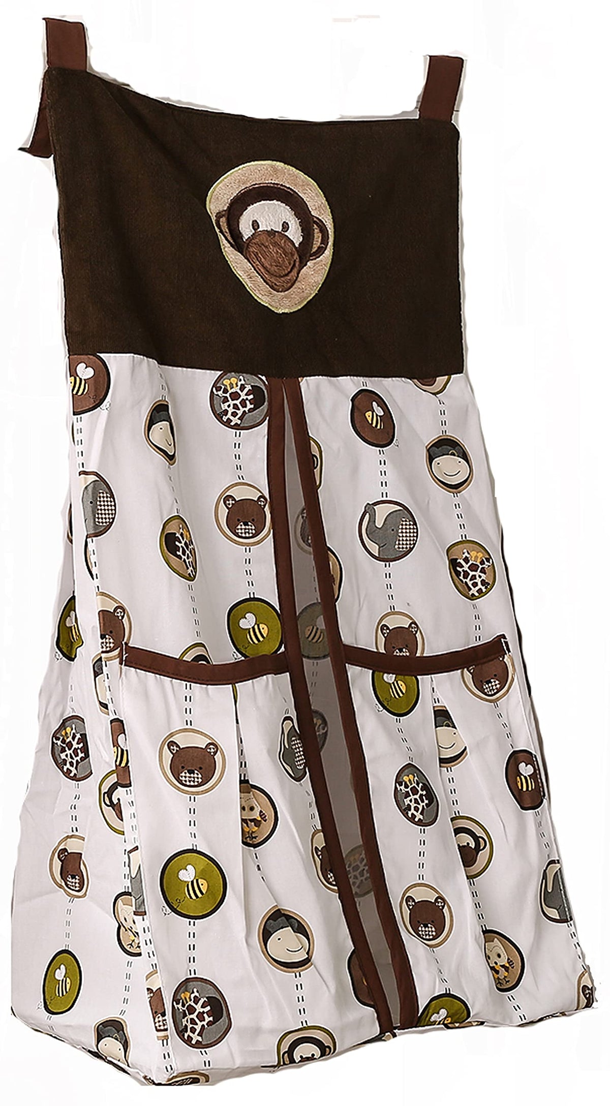 Brown Monkey Nursery Diaper Storage Bag with Pocket 1 PC Nursery Organizer for Cribs Embroidery Animal Diaper Hanging Bag for Ba