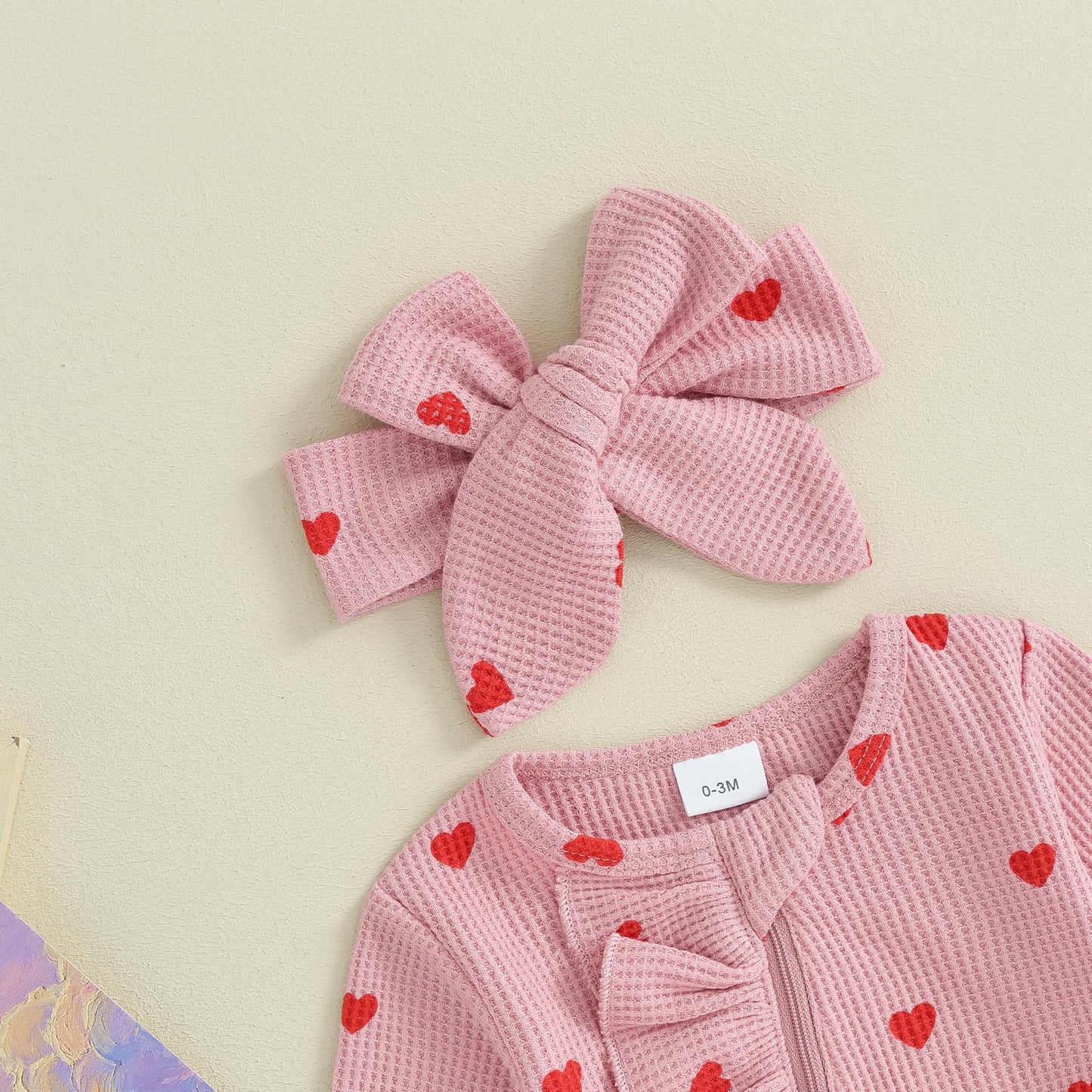 Filgriox My First Valentines Day Baby Girl Outfit Newborn Footie Romper Heart Bodysuit + Headband Infant One Piece Outfit (Pink,