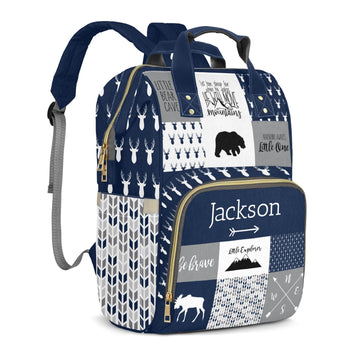 Perarts Woodland Bear Custom Name Diaper Bag Backpack for Baby Boys, Navy Blue Personalized Name Monogram Large Nappy Nursing Or