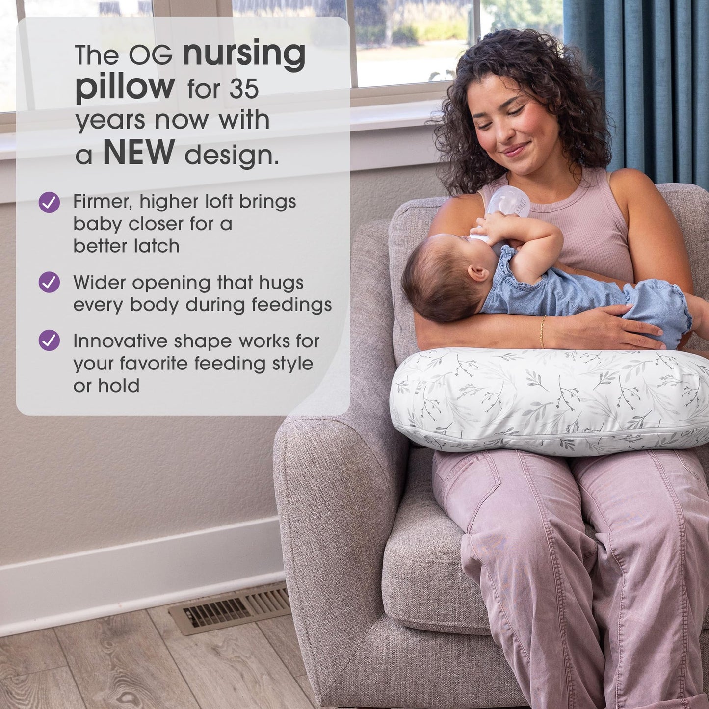 Boppy Nursing Pillow, Gray Gentle Leaves, Larger, Firmer, More Supportive Pillow For Breastfeeding And Bottle Feeding, Firmer Fi