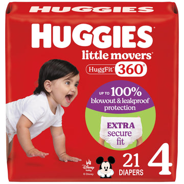 Huggies Size 4 Baby Diapers, Little Movers HuggFit 360 Baby Diapers with 360 Waistband, Size 4 (22-37 lbs), 21 Count, Packaging 