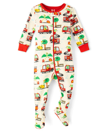 The Children'S Place,Baby Boys,And Toddler Long Sleeve 100% Cotton Zip-Front One Piece Footed Pajamas,Firetrucks,9 Months,12 Mon