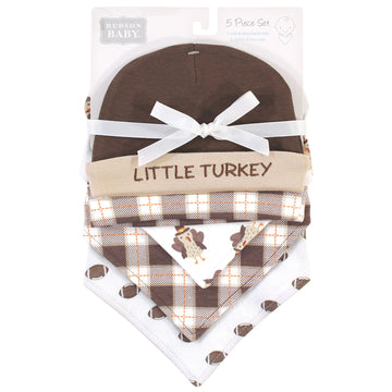 Hudson Baby Unisex Baby Cotton Bib And Headband Or Caps Set, Boy Turkey, One Size
