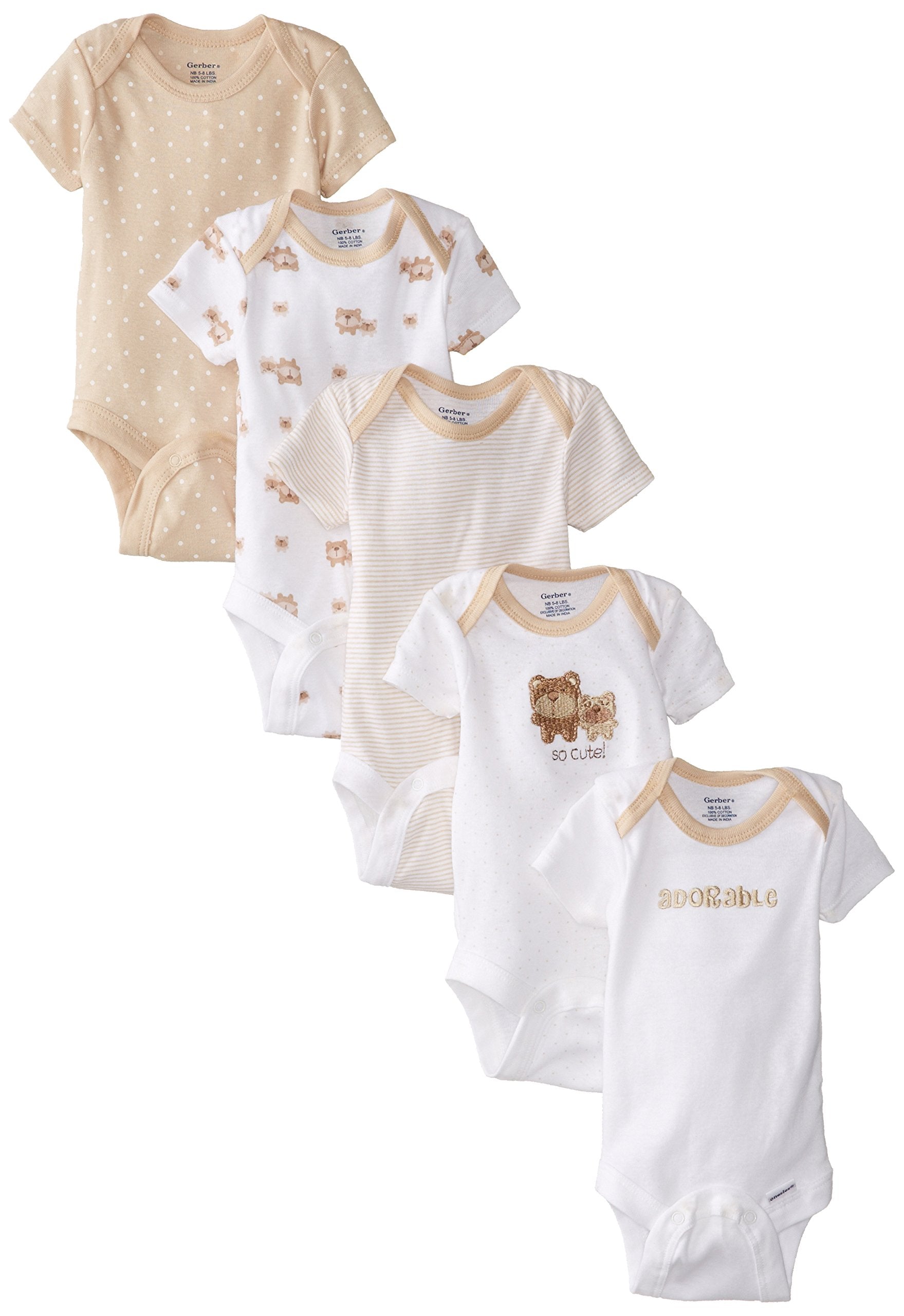 Gerber Unisex Baby 5-Pack Short Sleeve Variety Onesies Bodysuits Brown Bear Friends 0-3 Months