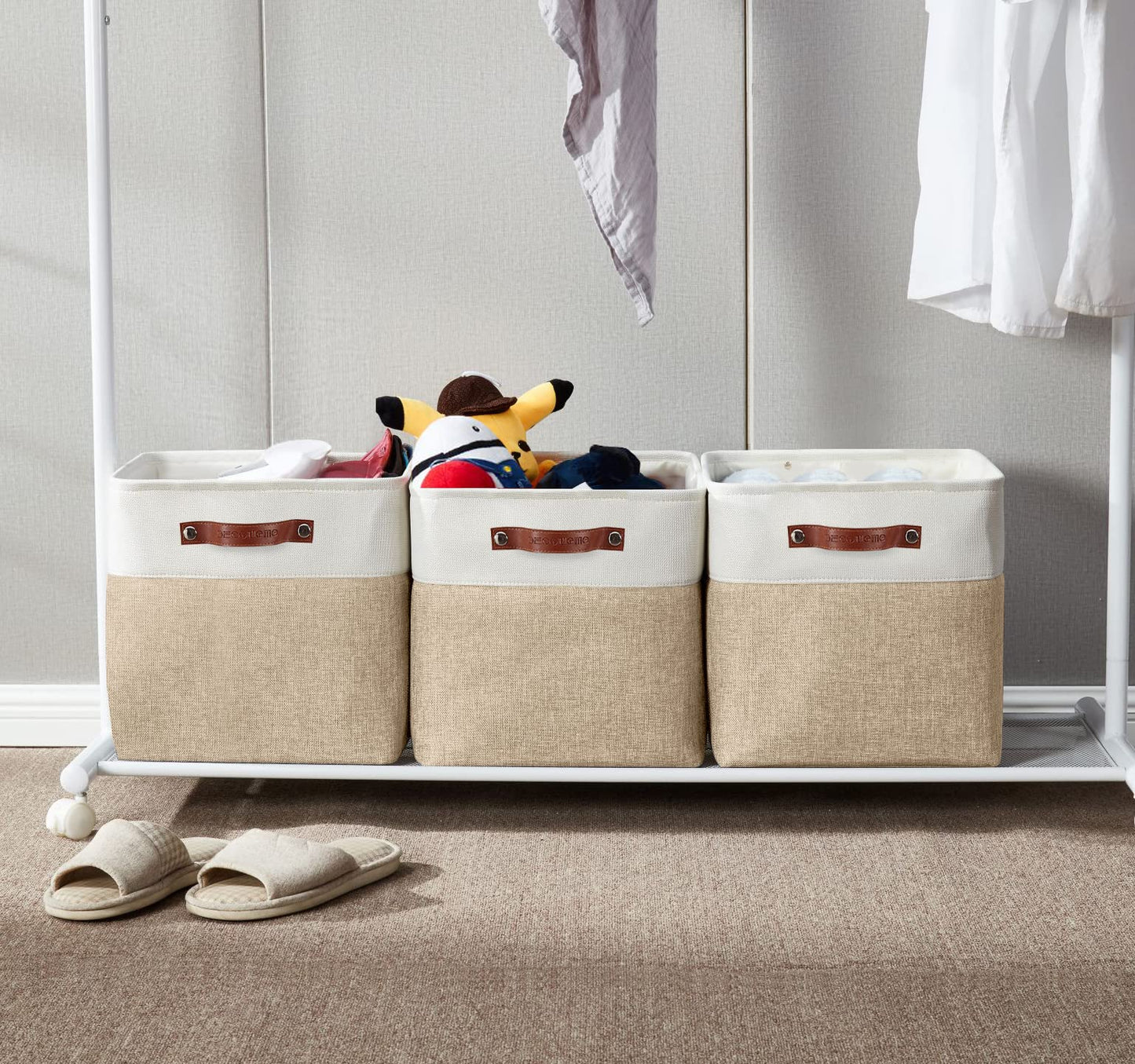 DECOMOMO 13 Inch Cube Storage Bins, Fabric Storage Cube, Basket for Kallax Shelves (Beige & White, Cube 13 - 4 Pack)
