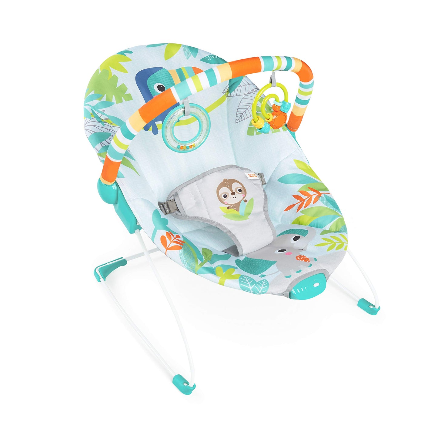 Bright Starts Rainforest Vibes 3-Point Harness Vibrating Baby Bouncer With-Toy Bar