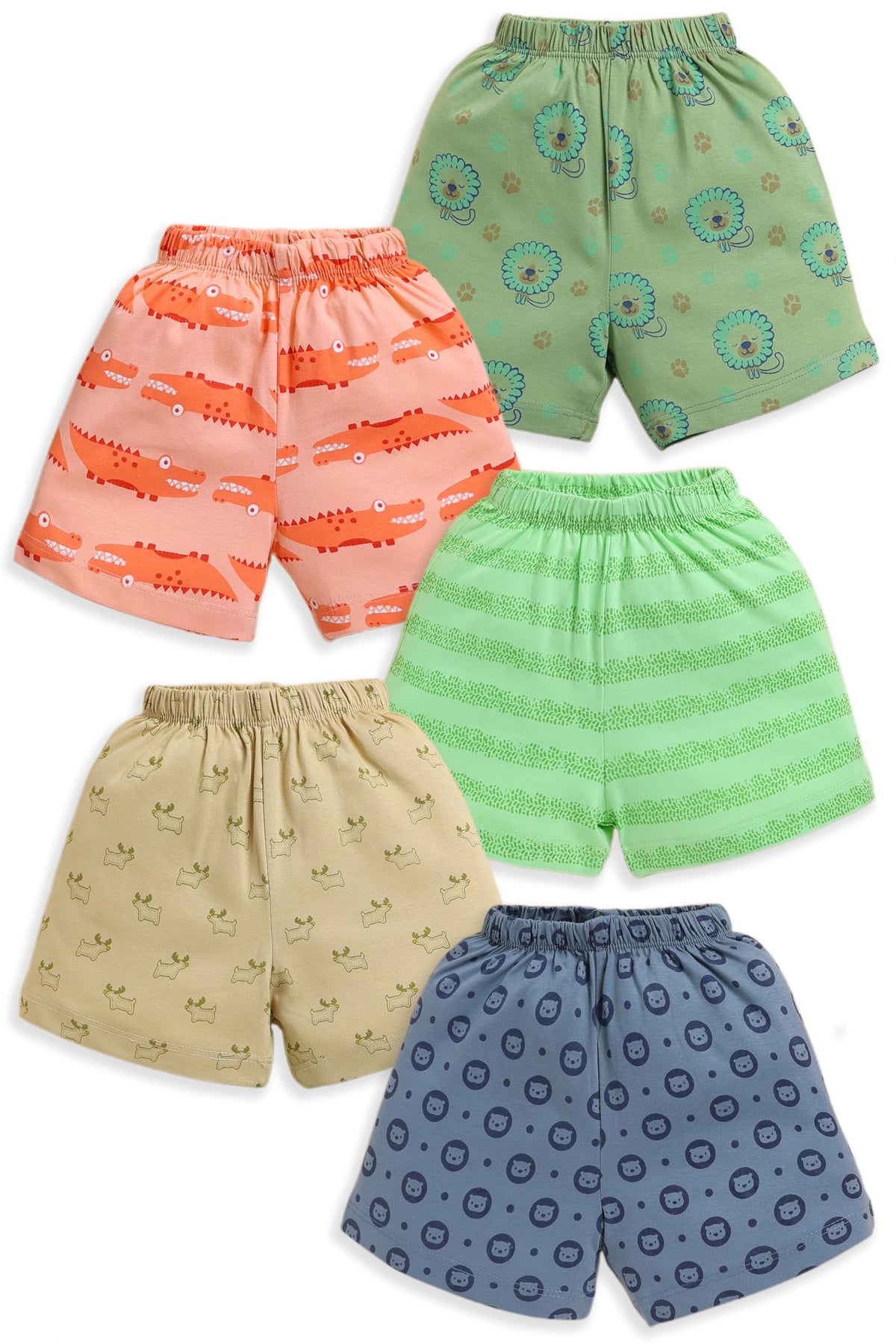 Luvlap Baby Boys & Girls Regular Fit 100% Cotton Shorts Pack Of 5, Peach, Olive, Grey, Beige & Paradise Green, M (3 To 6 Months)