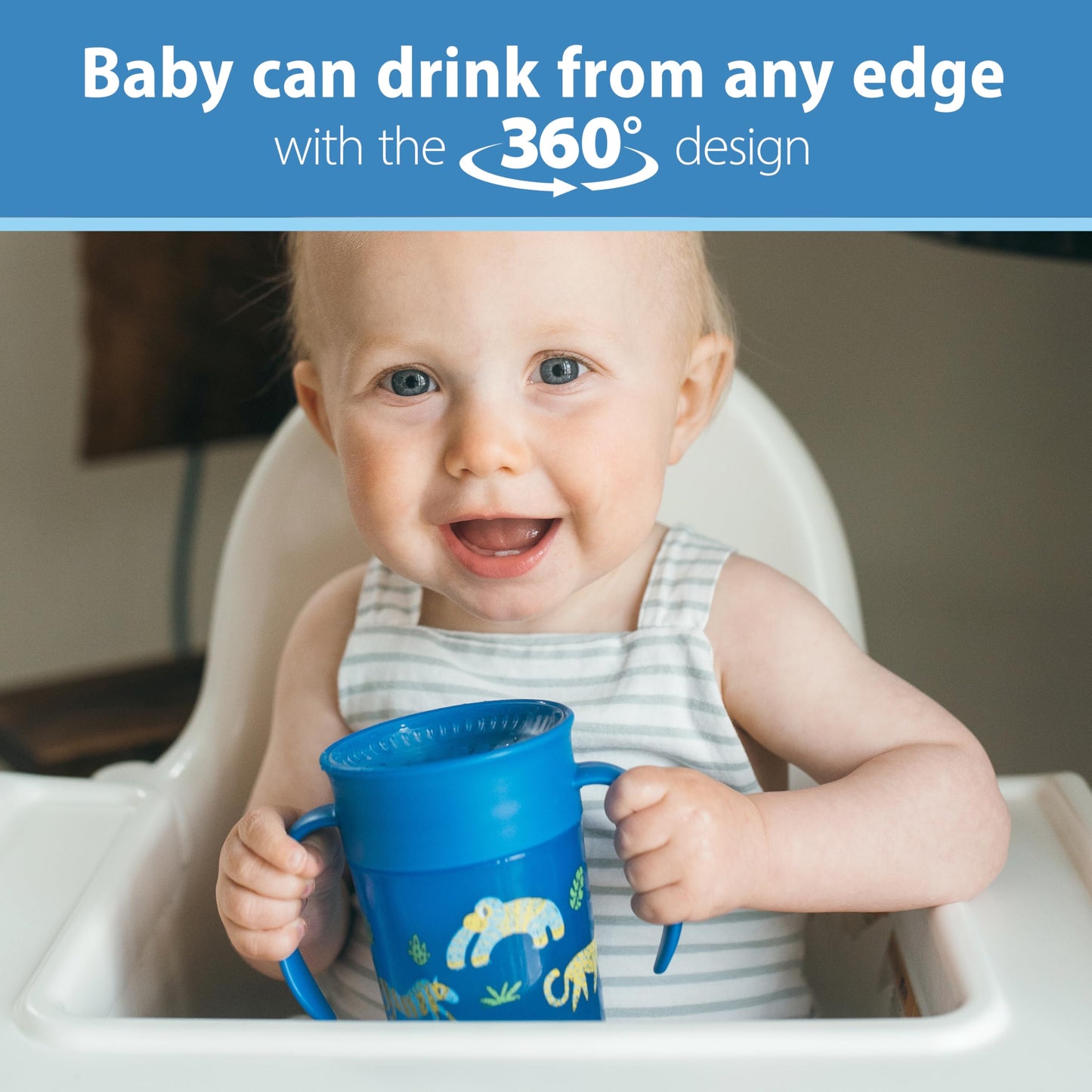 Dr. Browns Milestones Cheers 360 Cup Spoutless Transition Cup With Handles For Easy Grip And Leak-Free Learning, Blue Safari, 7