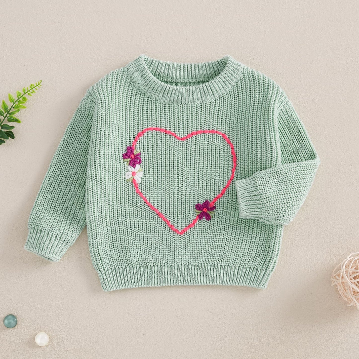 Nokpsedcb Baby Girl Cute Long Sleeve Heart Flowers Embroidery Oversized Sweater Toddler Valentine Outfit (Green, 2-3 Years)
