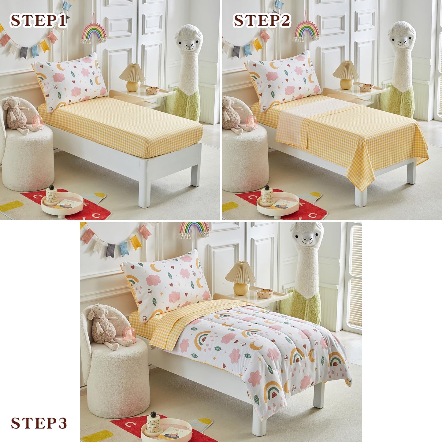 Joyreap 4 Piece Toddler Bedding Set For Girls- Pink N Yellow Clouds Moon Rainbow Lovely Design, Microfiber Toddler Bedding Comfo