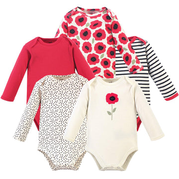 Touched By Nature Baby Organic Cotton Long-Sleeve Bodysuits, Poppy, 3-6 Months