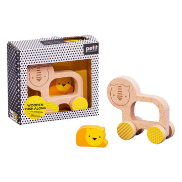 Petit Collage Lion and Baby Wooden Push Toy - Cute Wooden Rolling Toy Ideal for Ages 12 Months and Older - Active Toy Encourages