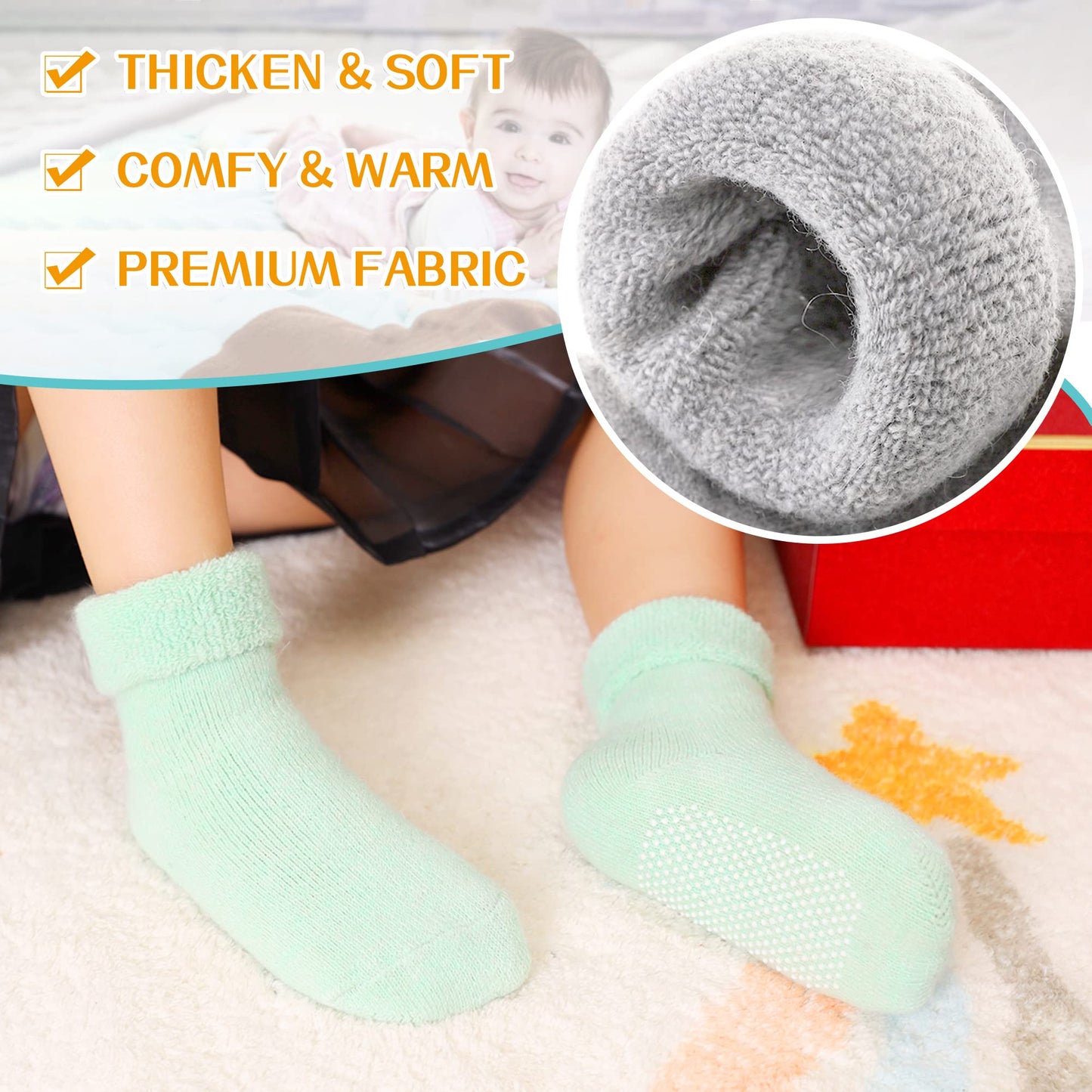 Eyean Baby Wool Grip Sock Soft Winter Warm Thick Non Slip Toddler Boy Girls Crew Socks For Children 6 Pairs (Solid Color-A, 0-12