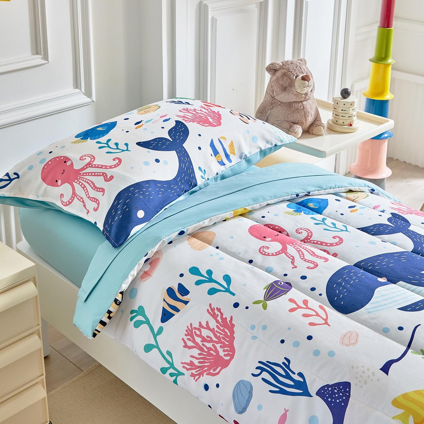 Joyreap 4 Piece Toddler Bedding Set- Ocean Theme White Design, Microfiber Toddler Bedding Comforter Set For Kids Boys Girls