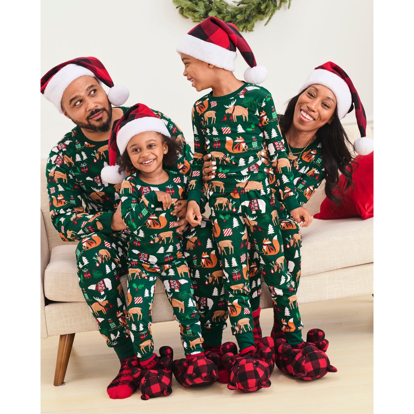 The Children'S Place Baby Kids 2 Piece Family Matching, Holiday Pajama Sets, Cotton, Green Christmas Woodland Animals