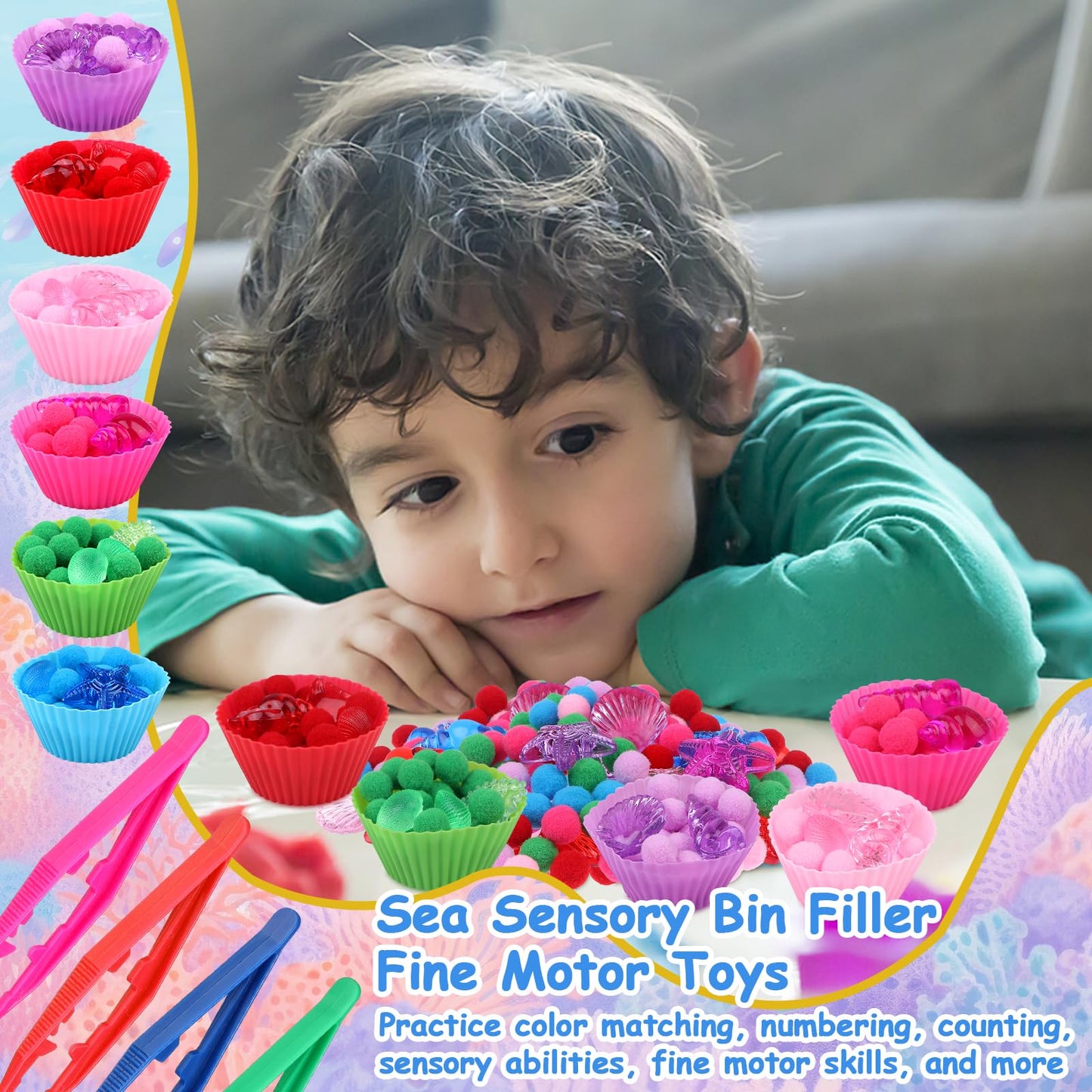 355 Pcs Summer Beach Sensory Bin Filler Fine Motor Toys Counting Sorting 200 Felt Toys 140 Resin Beach Creatures 8 Tweezers 6 Si