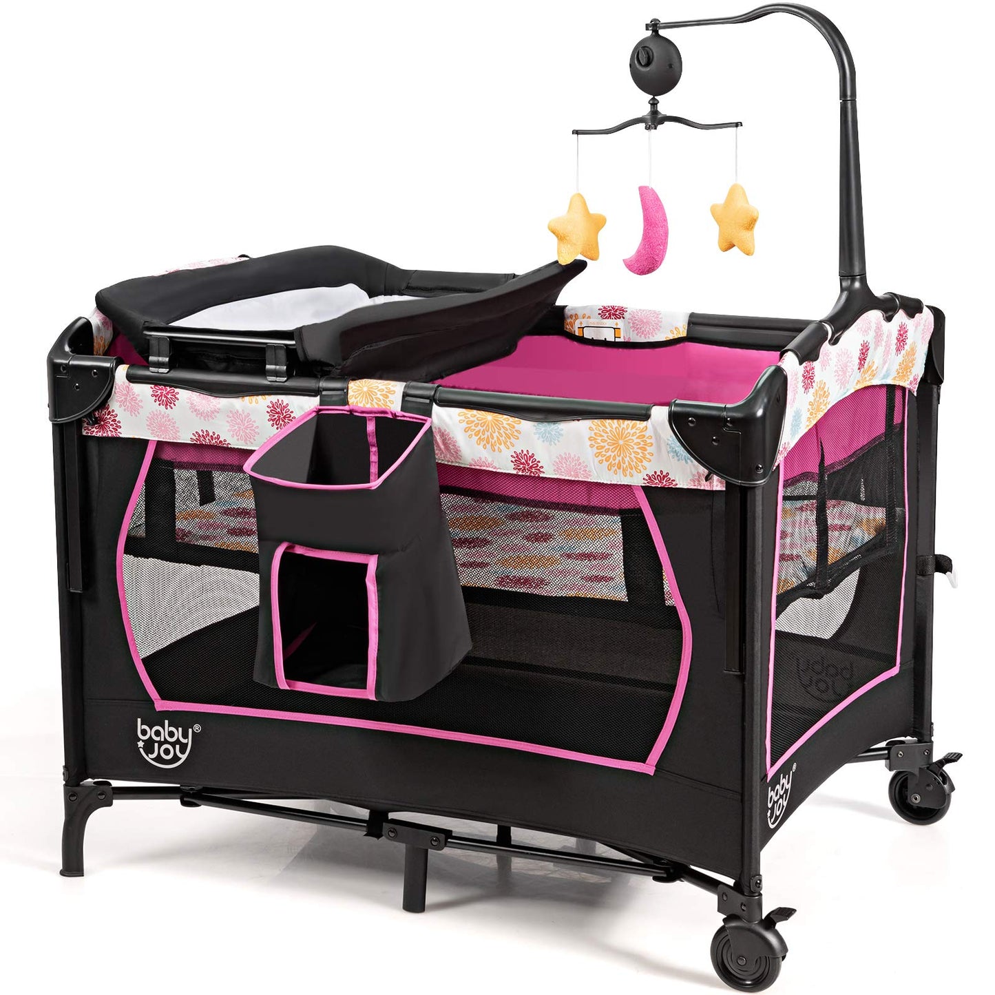 BABY JOY 4 in 1 Pack and Play, Baby Bedside Sleeper with Bassinet, 3 Adjustable Heights, Music Box, Easy to Install, Foldable Be