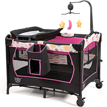 BABY JOY 4 in 1 Pack and Play, Baby Bedside Sleeper with Bassinet, 3 Adjustable Heights, Music Box, Easy to Install, Foldable Be