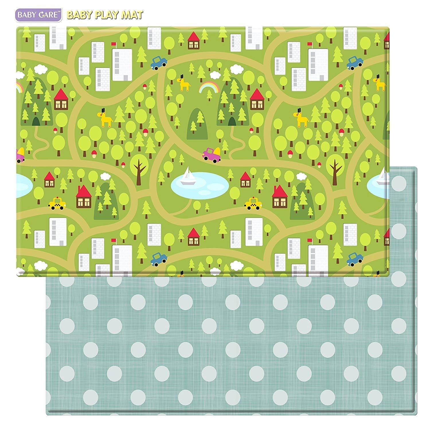 Baby Care Play Mat (Large, Playful - Country Town (Blue)) 82 x 55 Original One-Piece Reversible Rollable Waterproof Play Mat