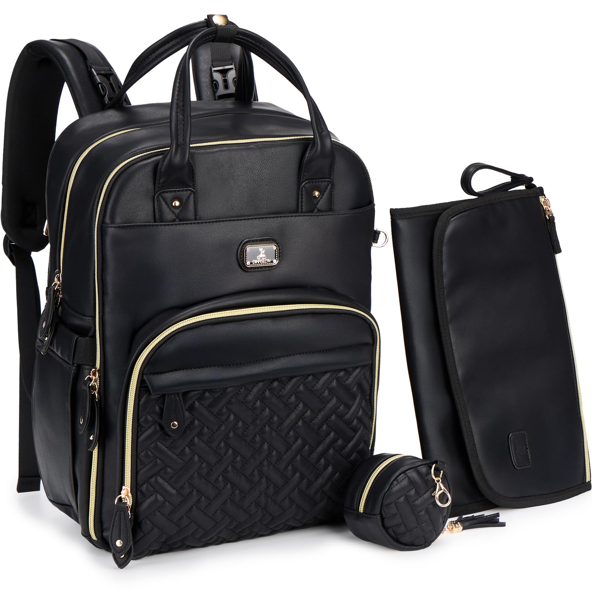 Dikaslon Leather Diaper Bag Backpack with Portable Changing Pad, Pacifier Case and Stroller Straps, Large Unisex Baby Bags for B