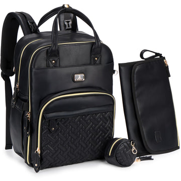 Dikaslon Leather Diaper Bag Backpack with Portable Changing Pad, Pacifier Case and Stroller Straps, Large Unisex Baby Bags for B