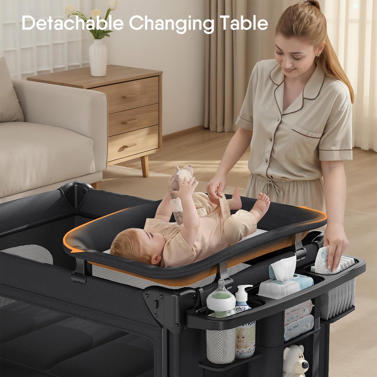 Tinyglow 4 In 1 Baby Bassinet, Pack And Play, Bedside Crib Sleeper, Diaper Changer, Quickly Assembled And Folded Portable Crib W