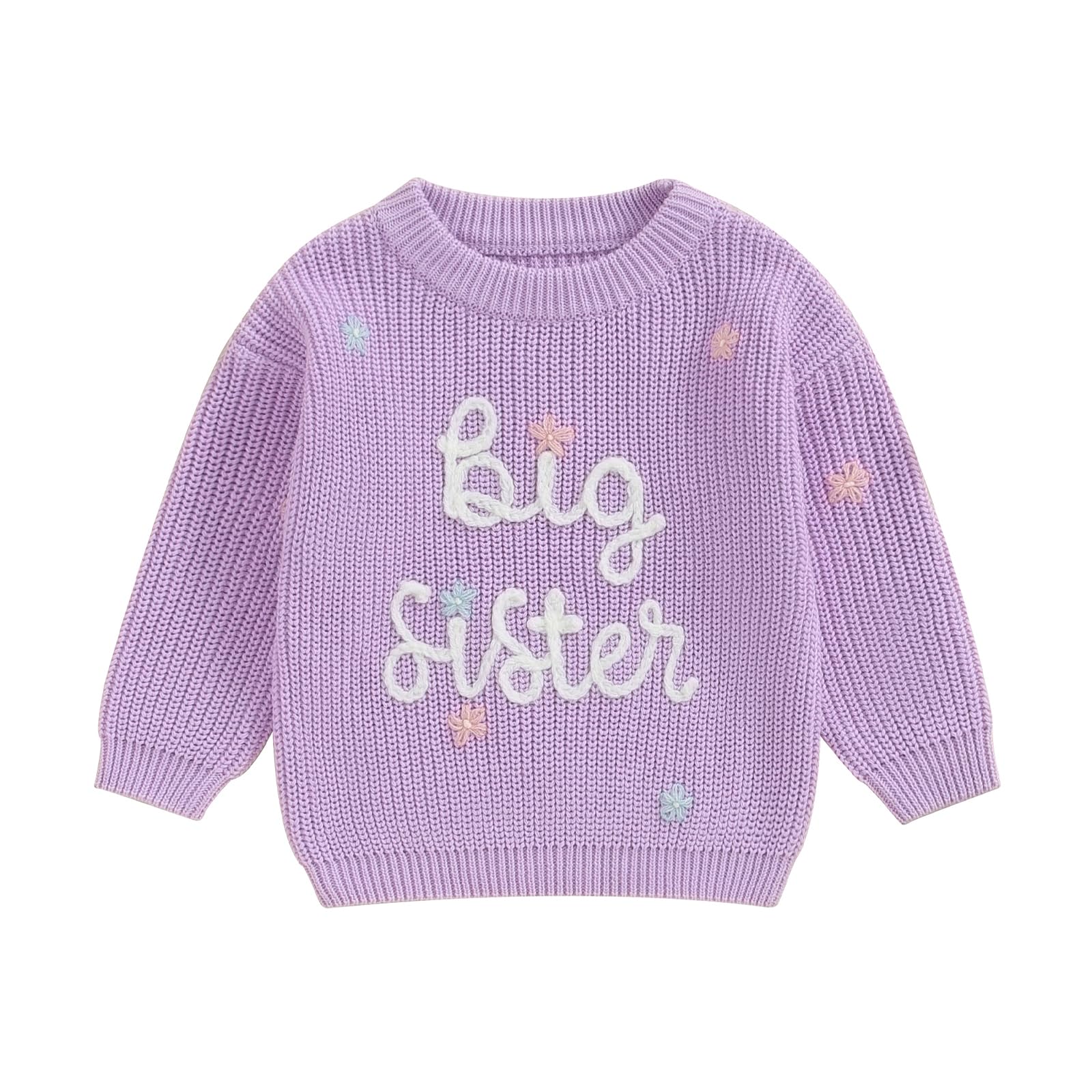 Toddler Infant Baby Girl Knit Sweater Big Sister Little Sister Matching Outfits Long Sleeve Pullover Sweatshirt (Purple, 4 Years