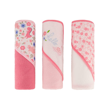 Cudlie Buttons & Stitches Baby Girl 3 Pack Rolled/Carded Hooded Towels In Butterfly Polka Prin - Hello Floral Dino