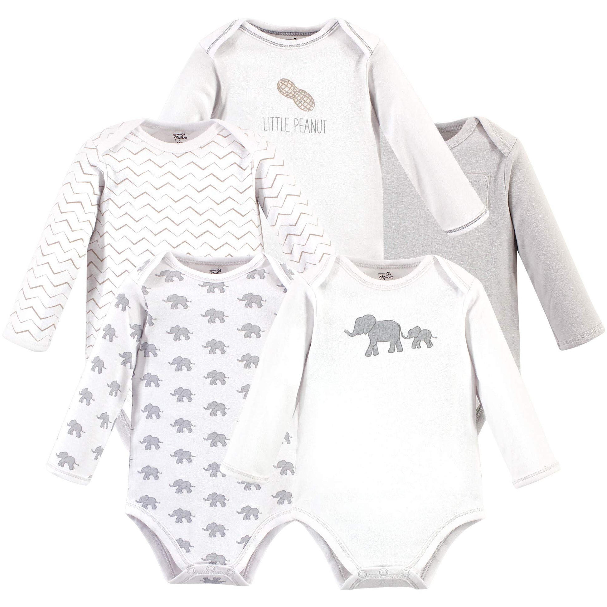 Touched By Nature Baby Organic Cotton Long-Sleeve Bodysuits, Marching Elephant, Preemie