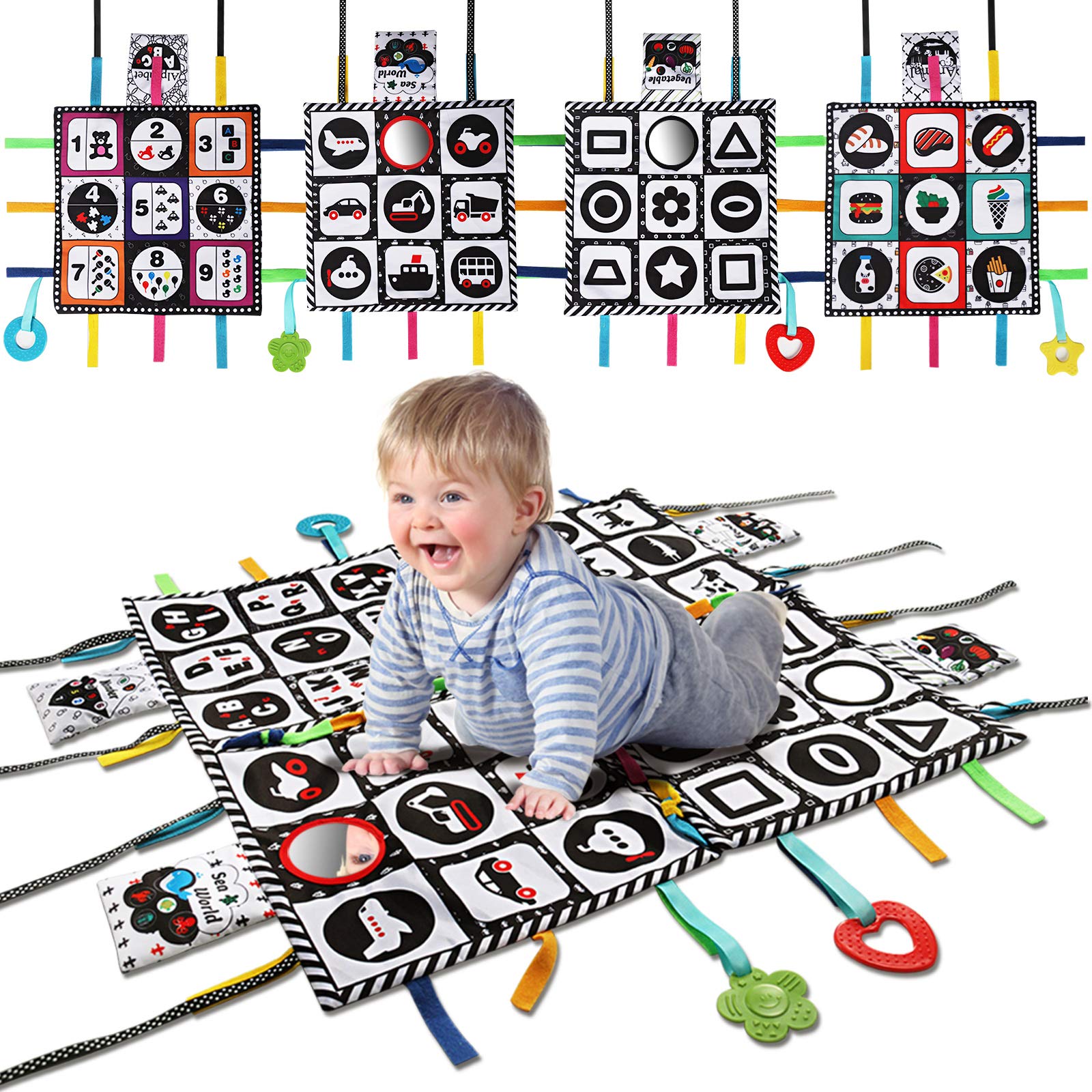 Teytoy Tummy Time Floor Mirror, Double High Contrast Play And Pat Activity Mat Black And White Baby Crinkle Toys With Teether, G