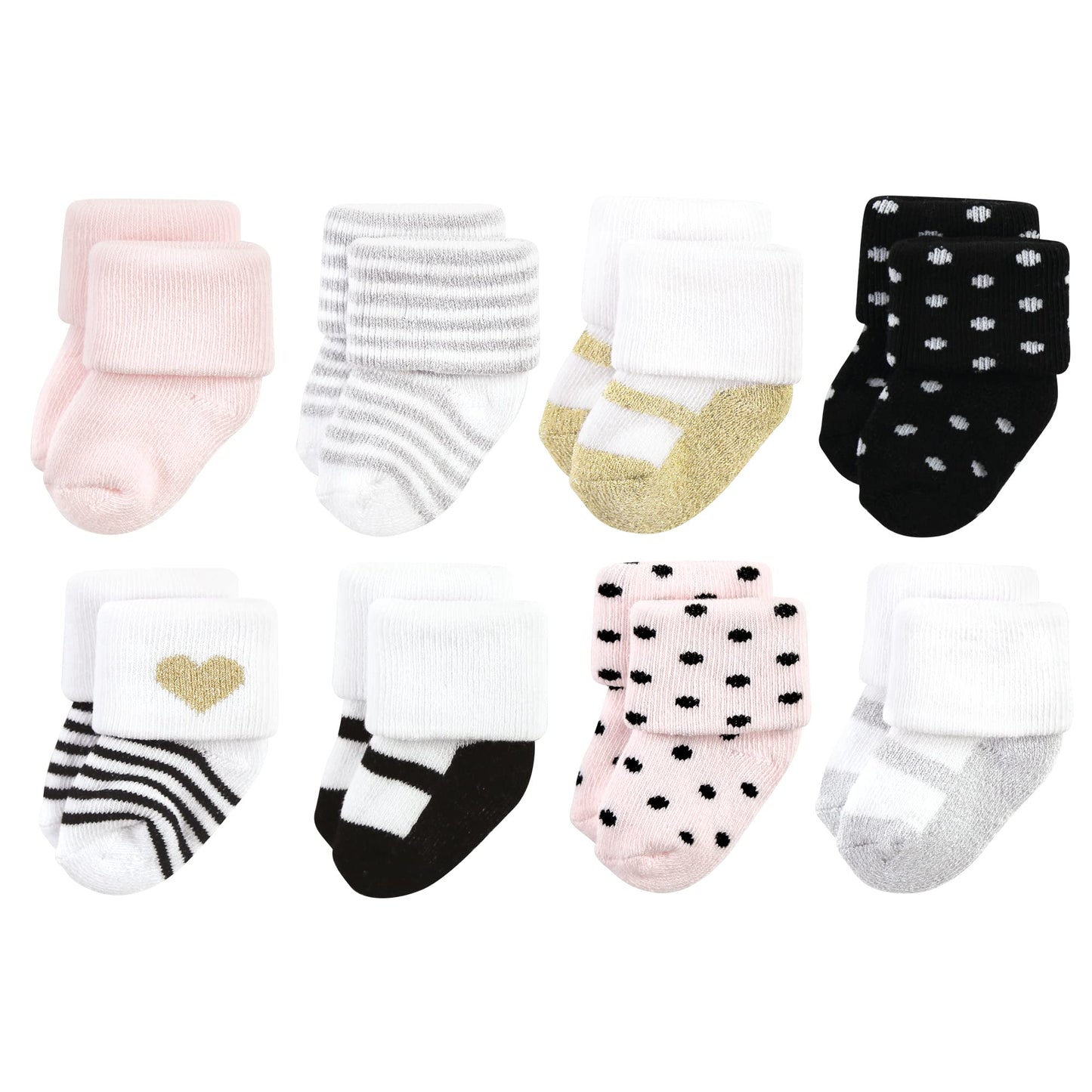 Hudson Baby Unisex Baby Cotton Rich Newborn And Terry Socks, Silver Gold Pink, 0-6 Months