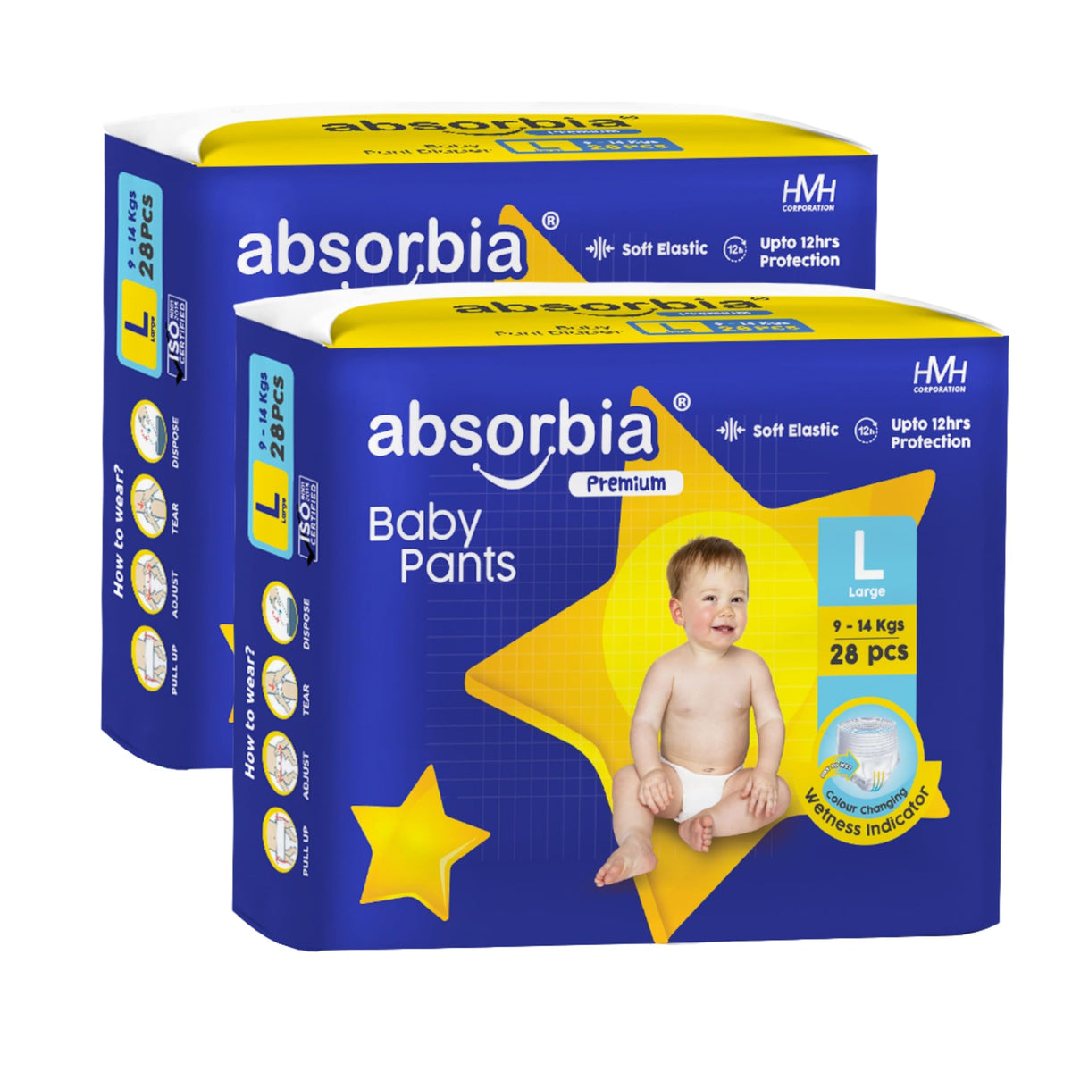 Absorbia Jumbo Baby Pant Diaper Large (L) 914 Kg, 124S X Pack Of 2 | Up To 12Hrs Protection | Cottony Soft Comfort For Sensitiv